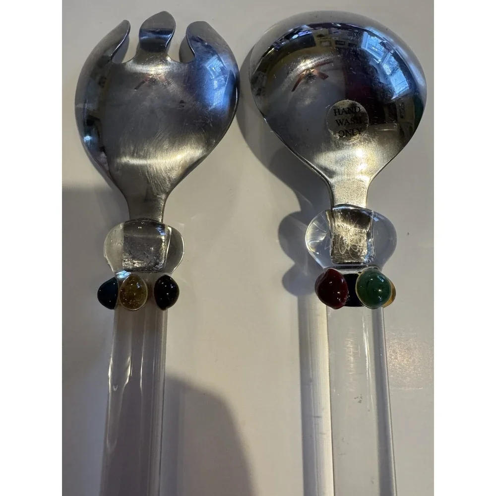 Silver Plated Salad Serving Set Fork and Spoon Molded Glass Handles